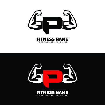 Muscular arm letter P logo design Letter "P" arm biceps in negative space. Simple, excellent, minimal logo design suitable for gym, fitness apparel, gear, sports, etc