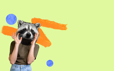 Contemporary art collage. Woman with raccoon head showing irritation