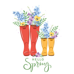 Hello spring text. Cute wellies boots with spring flowers. Garden plants. Vector illustration. © Tatiana Bass