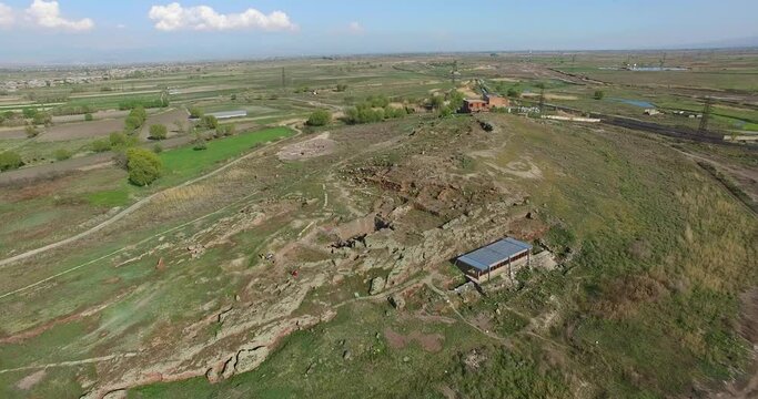 Archeological ruins, Armavir Region, Armenia. Aerial view ruins of Bronze age in Armenia near  Metsamor village. "Metsamor" historical-archaeological reserve-museum. The excavations started in 1965․