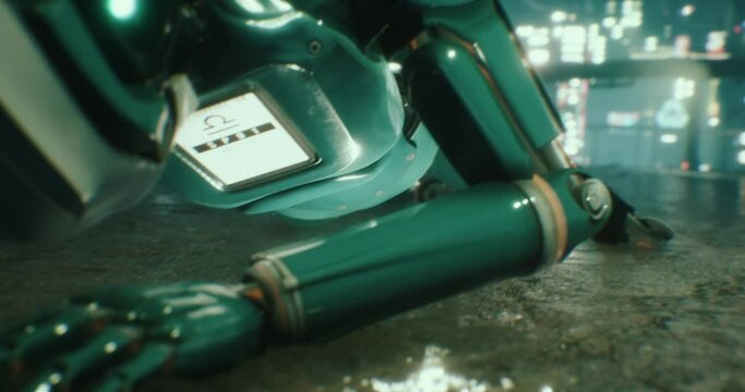 Animation of a Robot struggles to get up from the wet road. a futuristic, glowing city in background.