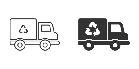 Garbage truck icon in flat style. Recycle vector illustration on white isolated background. Trash car sign business concept.