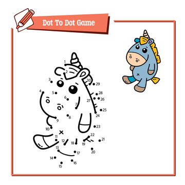 Vector illustration educational game of dot to dot puzzle with doodle unicorn for children