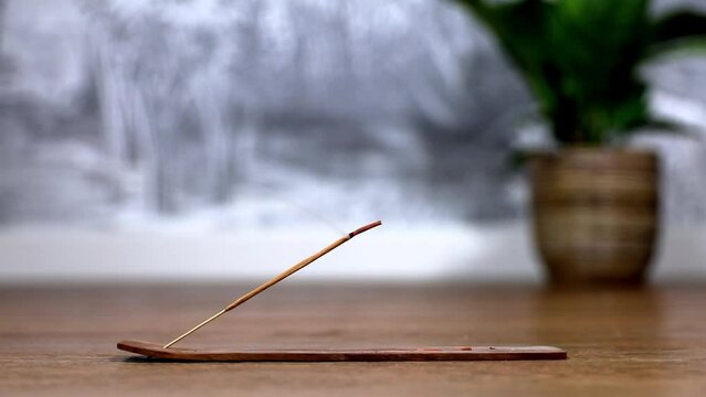 Asian incense stick in stick holder burning with smoke in living room. close up, copy space. Meditation, yoga, self development and sound therapy concept at home