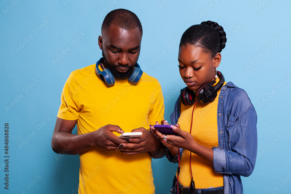 Poster modern people texting on smartphone and not talking with each other, using social media app on inter