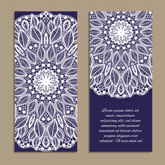 Vector set of colorful vertical banners for business and invitation. Ethnic indian round ornament. Imitation of needlework design. Decorative floral pattern - 484868859