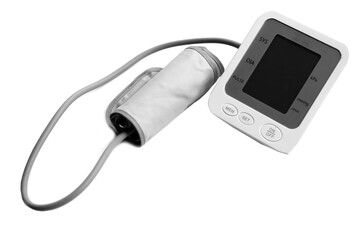 Digital blood pressure measure machine on white background. Concept : Health checking smart device that patients can use to check blood pressure at home. Medical appliance      
