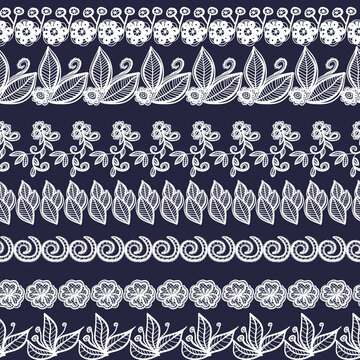 Set of decorative lace borders. Isolated crocheted elements with an openwork pattern