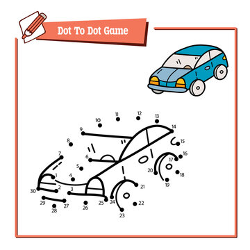 Vector illustration educational game of dot to dot puzzle with doodle wooden car for children