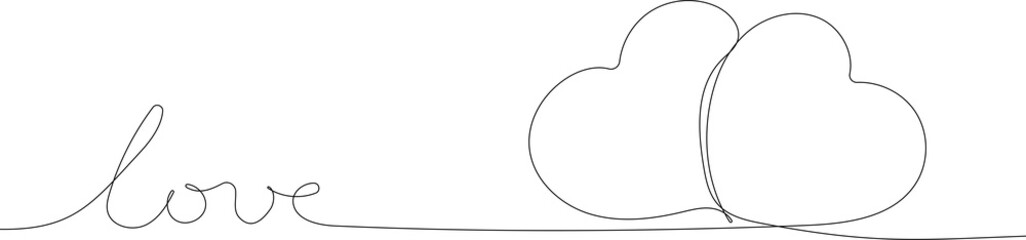 Continuous one line drawing of romantic creative composition. Happy Valentine's Day. Festive decorative text and heart shaped. Outline minimal concept