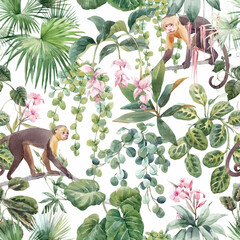 Beautiful vector seamless tropical floral pattern with cute hand drawn watercolor monkey and exotic jungle flowers. Stock illustration.