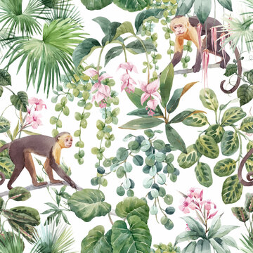 Beautiful Vector Seamless Tropical Floral Pattern With Cute Hand Drawn Watercolor Monkey And Exotic Jungle Flowers. Stock Illustration.