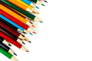 Colored pencils isolated on white background. close-up, copy space
