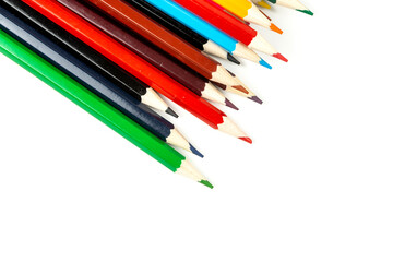 Colored pencils isolated on white background. close-up, copy space
