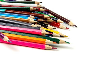 Colored pencils isolated on white background. close-up, copy space