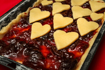 Appetizing sweet dessert cake with berries jam