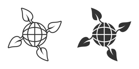 Planet and leaf icon in flat style. World and eco vector illustration on white isolated background. Globe and organic business concept.