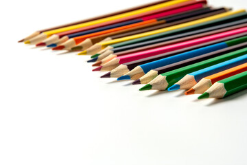 Colored pencils isolated on white background. close-up, copy space