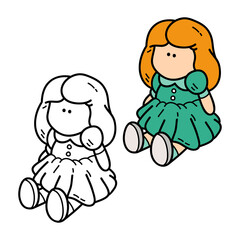 Vector illustration coloring page of doodle doll for children and scrap book