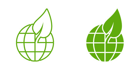 Planet and leaf icon in flat style. World and eco vector illustration on white isolated background. Globe and organic business concept.