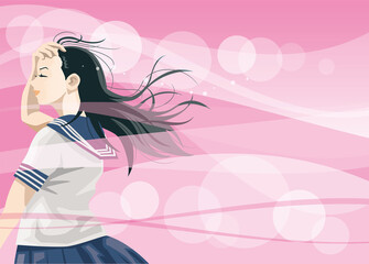 セーラー服を着た女子高生の後ろ姿（爽やかなピンク）