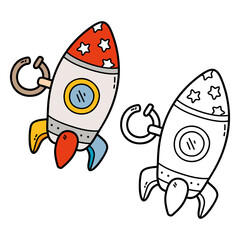 Vector illustration coloring page of doodle rocket for children and scrap book