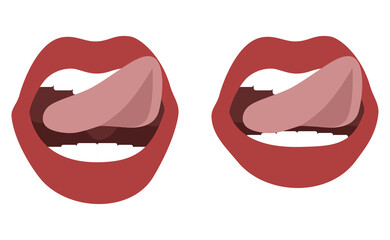 Smiling woman's mouth with tongue hanging up. Vector, flat design