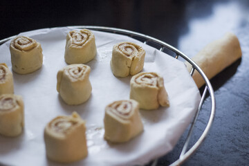 Homemade cinnamon rolls on a tray