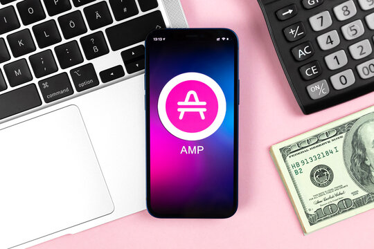 AMP symbol. Trade with cryptocurrency, digital and virtual money, banking with mobile phone concept. Business workspace, table with laptop top view photo