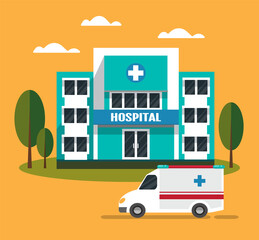 Hospital building and ambulance car. 