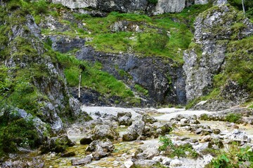 Water stream at Zapotoski waterfall in Zadnja Trenta valley, Slovenia