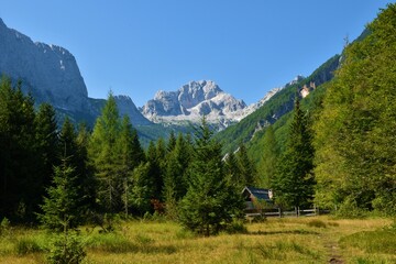 View of Bavski grintavec mountain in Zadnja Trenta valley in Julian alps and Triglav national park,...