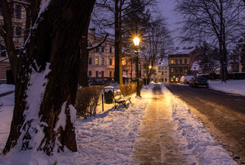 Street on a cold, snowy winter evening