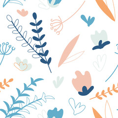 Floral seamless pattern. Botanical repeating background with abstract shapes and flowers. Design for print. Hand drawn vector illustration