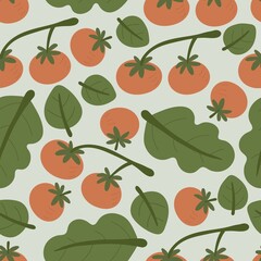 Seamless pattern with cartoon cherry tomatoes, decor elements. colorful vector. hand drawing, flat style. design for fabric, print, textile, wrapper