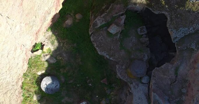 Aerial footage ancient, archeological ruins in Armenia. Metsamor Historical Reserve Museum. Excavations have been carried  since 1965.The excavated cultural layers refer to the Bronze Age and Iron Age