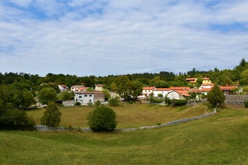 Matavun village near Skocjan caves in Littoral region of Slovenia with pastures in front and forest behind the village
