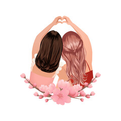 Two girl best friend make a heart sign gesture. Sister for life concept