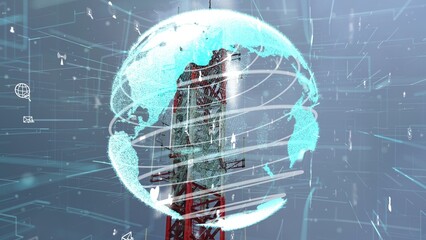 Telecommunication tower with 3D graphic of global business alteration and e-commerce against blue sky in concept of worldwide internet network connections .