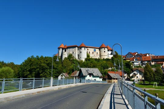 View of Zuzemberk castle in Suha Krajina Dolenjska, Slovenia from across a bridge