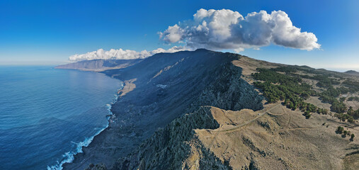 Aerial panoramic view into Valley "El Golfo" from Mirador de Bascos at El Hierro, Canary Islands