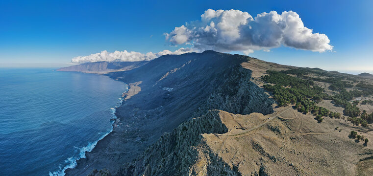 Aerial panoramic view into Valley "El Golfo" from Mirador de Bascos at El Hierro, Canary Islands
