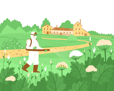 A man in protective clothing sprays herbicide on a cow parsnip. Protecting villages from dangerous plants. The spread of hogweed has upset the ecological balance. Flat vector illustration.