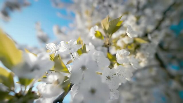 White blossoms on a branch in beautiful bright sunlight with clear blue sky in the background, the camera moving forward
