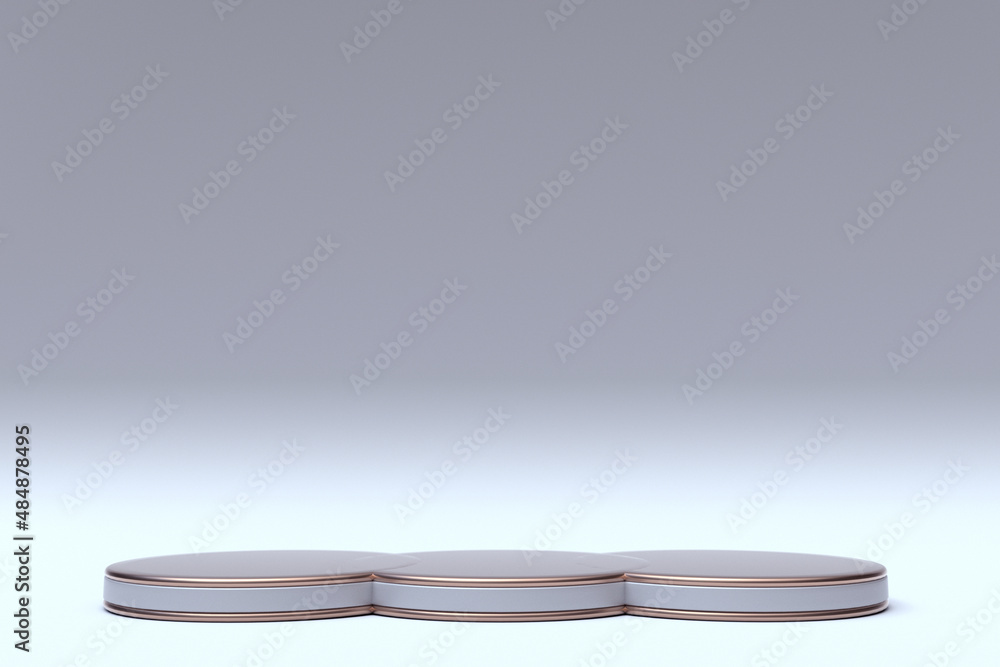 Poster minimal white background with three empty round podium and copy space. geometric shapes. 3d renderin