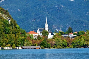 Parish Church of St. Martin at Bled, Slovenia and lake bled in front