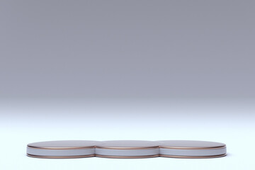 Minimal white background with three empty round podium and copy space. Geometric shapes. 3d rendering. Scene with pedestal and clean space for promotion product.
