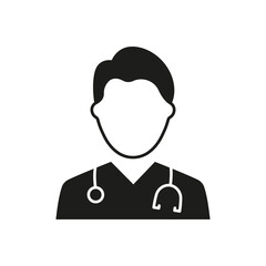 Professional Doctor with Stethoscope Silhouette Icon. Male Physicians Specialist and Assistant Black Pictogram. Isolated Vector Illustration