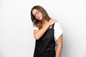 Young caucasian restaurant waiter woman isolated on white background suffering from pain in shoulder for having made an effort