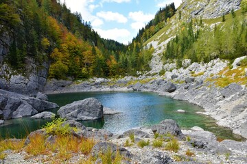 Crno jezero lake at Komarca in Julian alps and Triglav national park, Slovenia in autumn